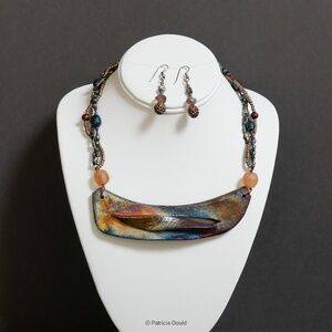 NEW - S9 - Handmade Raku and pearl necklace and earring set - one of a kind